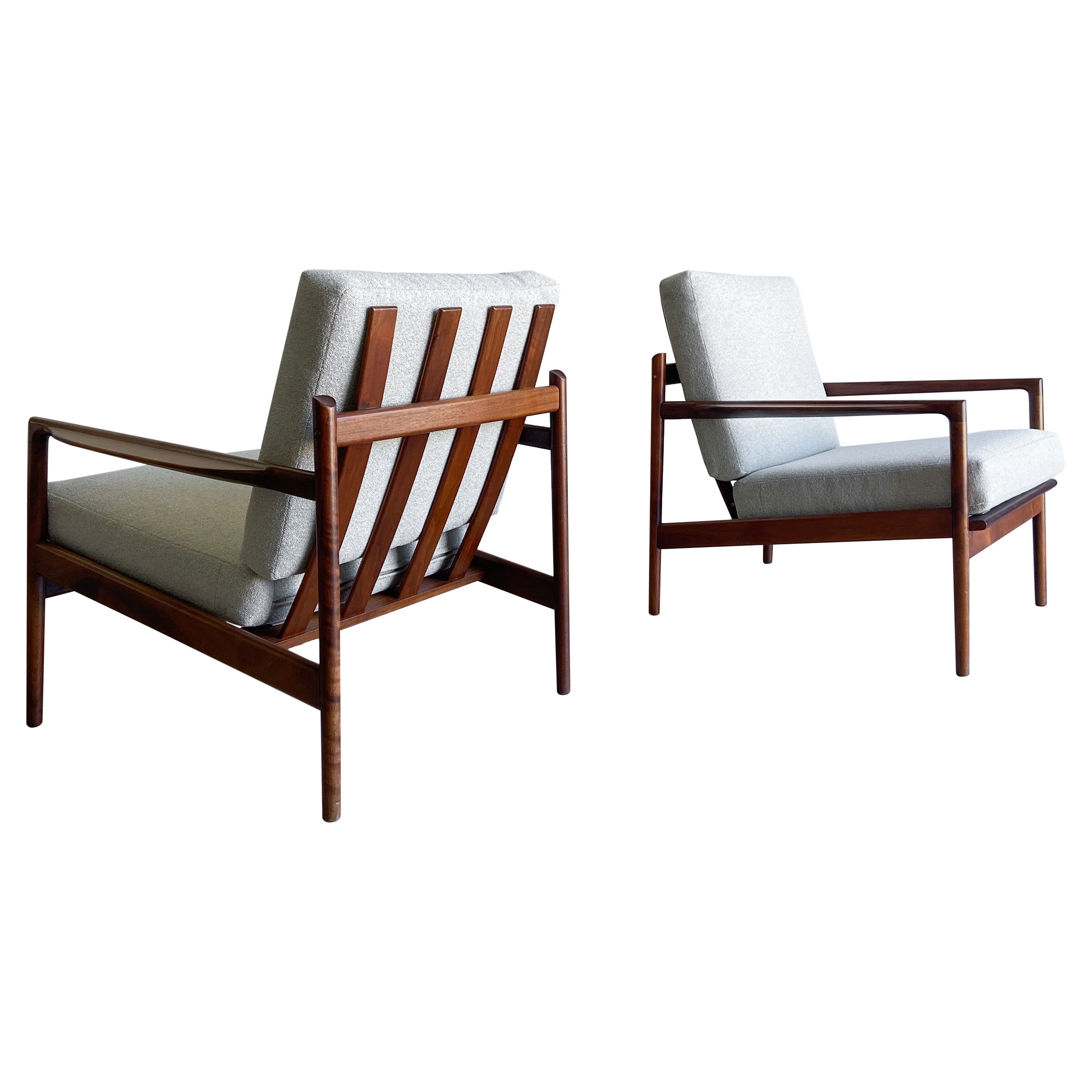 Pair of Ib Kofod Larsen Danish Modern Walnut Lounge Chairs for Selig, 1960’s