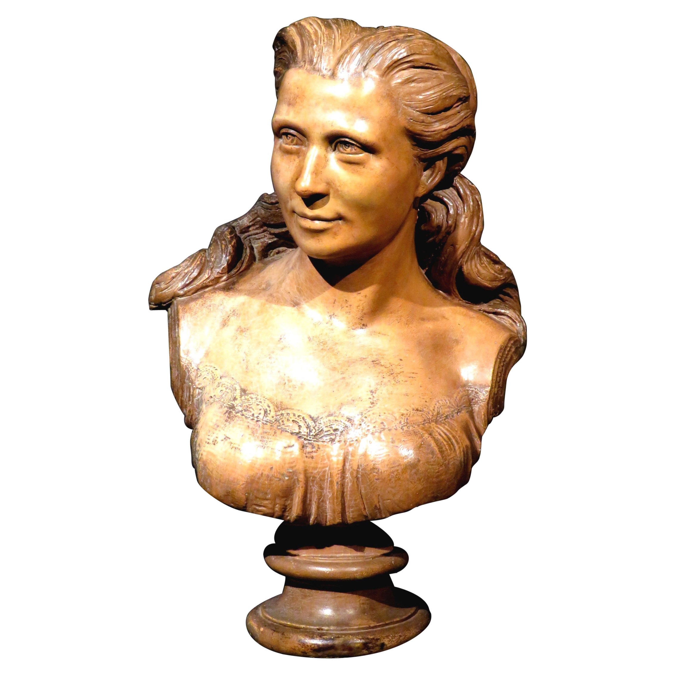 Buste de femme en plâtre patiné Revive baroque, France vers 1870