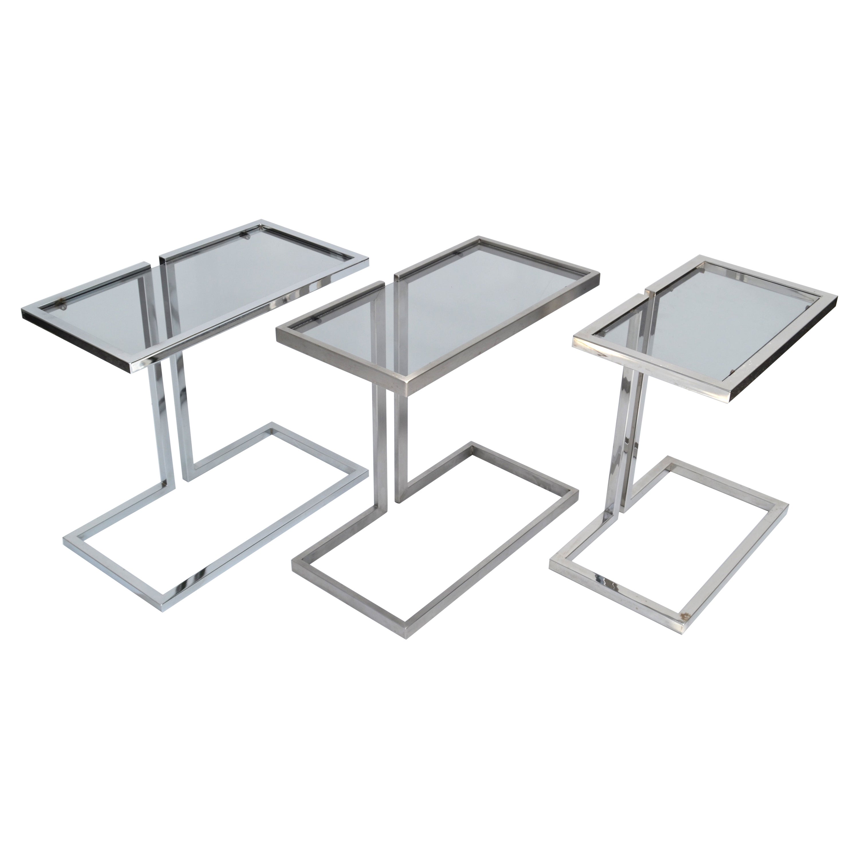 Table Guy Lefvre 3 française moderne du milieu du siècle dernier, finition argentée et plateau en verre fumé