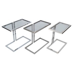 Retro Guy Lefèvre 3 French Mid-Century Modern Silver Finish & Smoked Glass Top Table