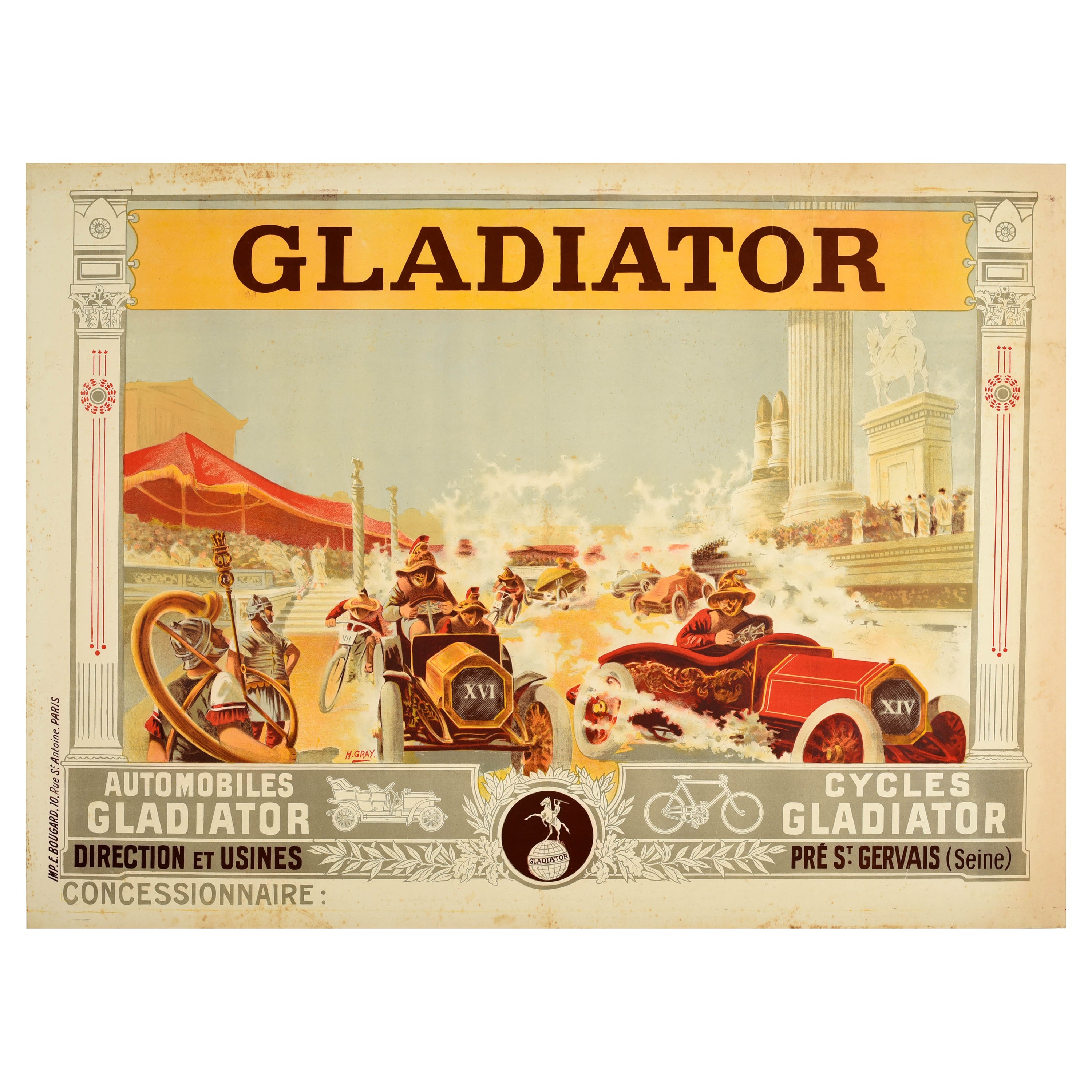 Original Antique Advertising Poster Gladiator Automobiles Cycles Henri Gray Car For Sale
