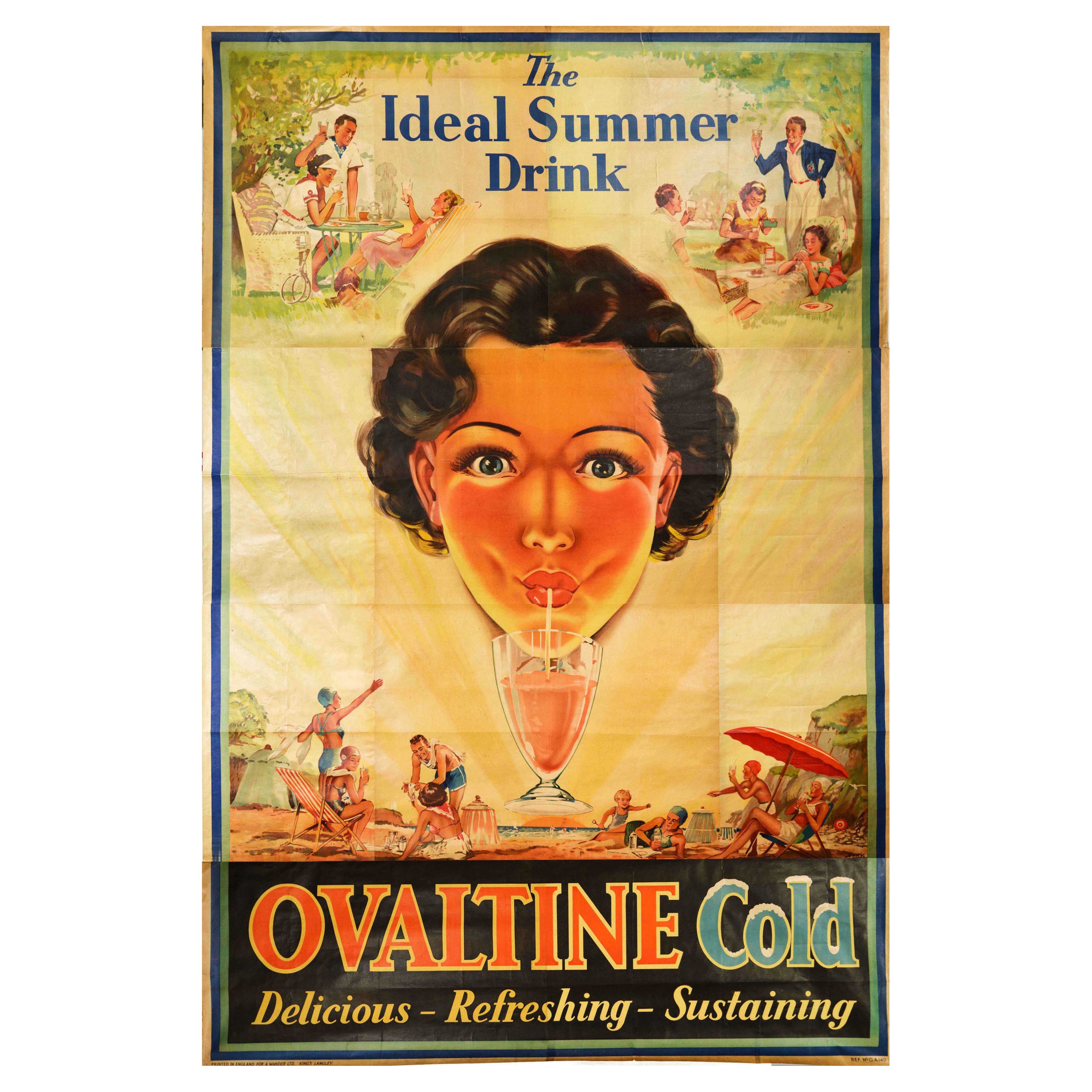 Original Antique Advertising Poster Ovaltine Cold Refreshing Drink Art Deco For Sale