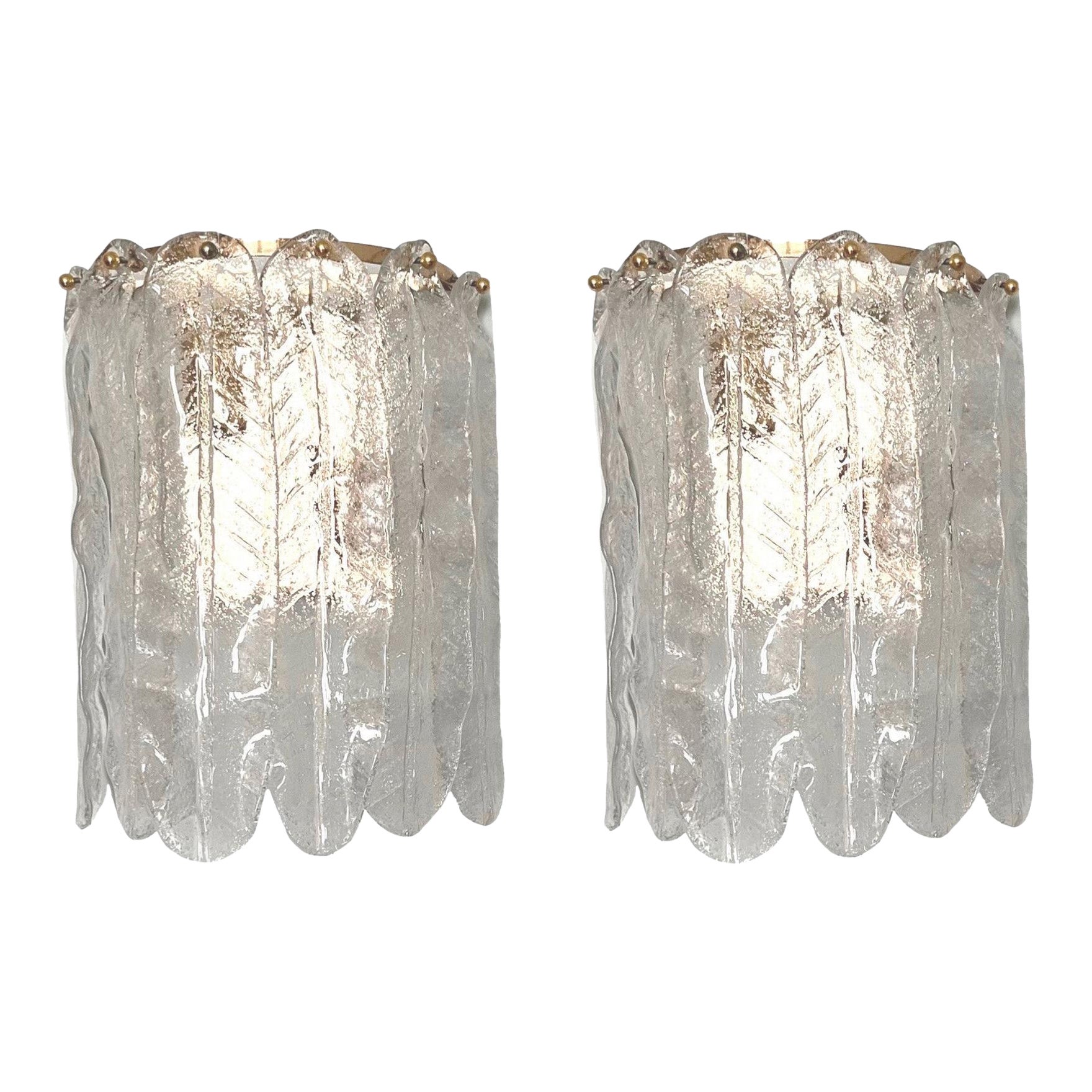 Italian Midcentury Clear Murano Glass Leaf Wall Sconces, 1970s For Sale