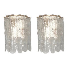 Vintage Italian Midcentury Clear Murano Glass Leaf Wall Sconces, 1970s