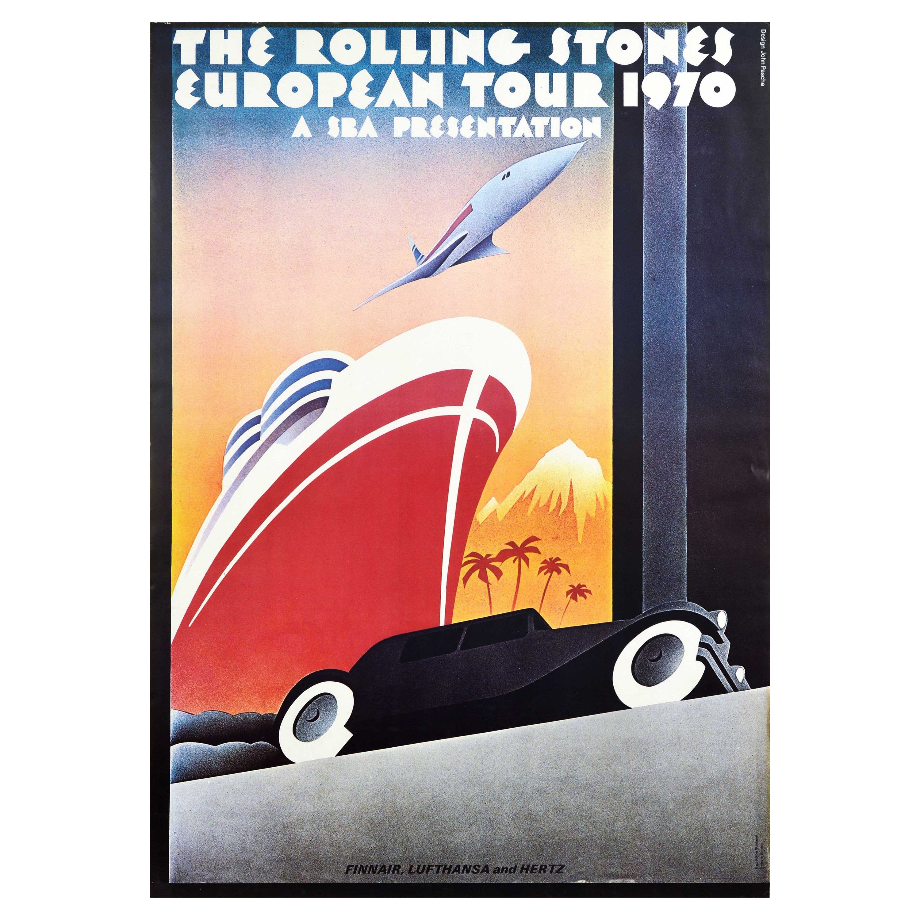 Affiche vintage d'origine de concert de musique, tournée européenne des Rolling Stones, Pasche Art