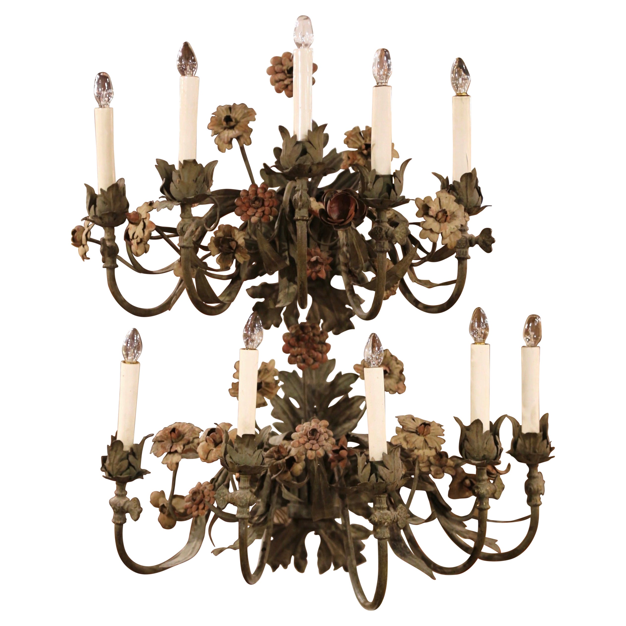 Pair of 20th Century French Tole Flowers and Leaves Five-Light Sconces For Sale