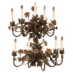 Pair of 20th Century French Tole Flowers and Leaves Five-Light Sconces