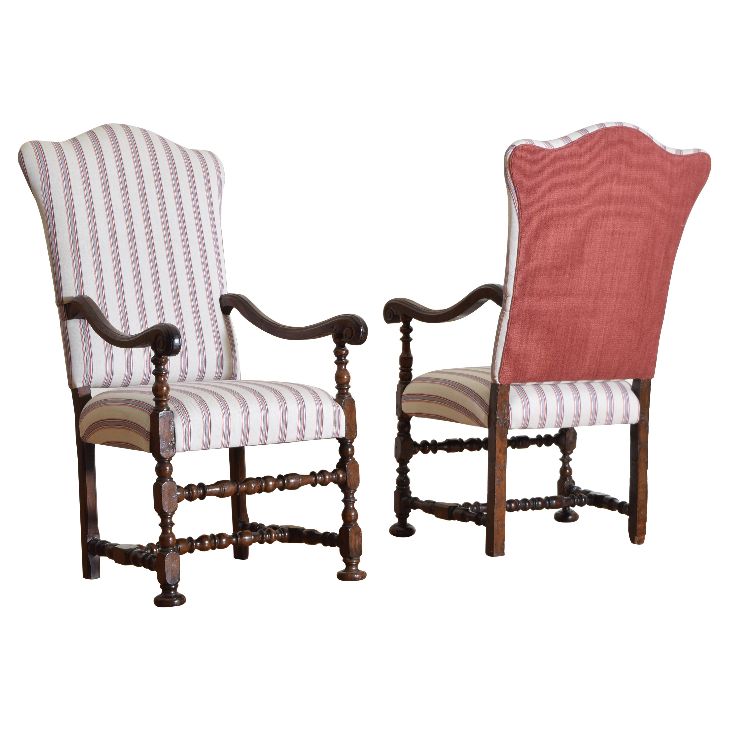 Italian, Emiliana, Louis XIII Period Pair of Walnut and Upholstered Armchairs