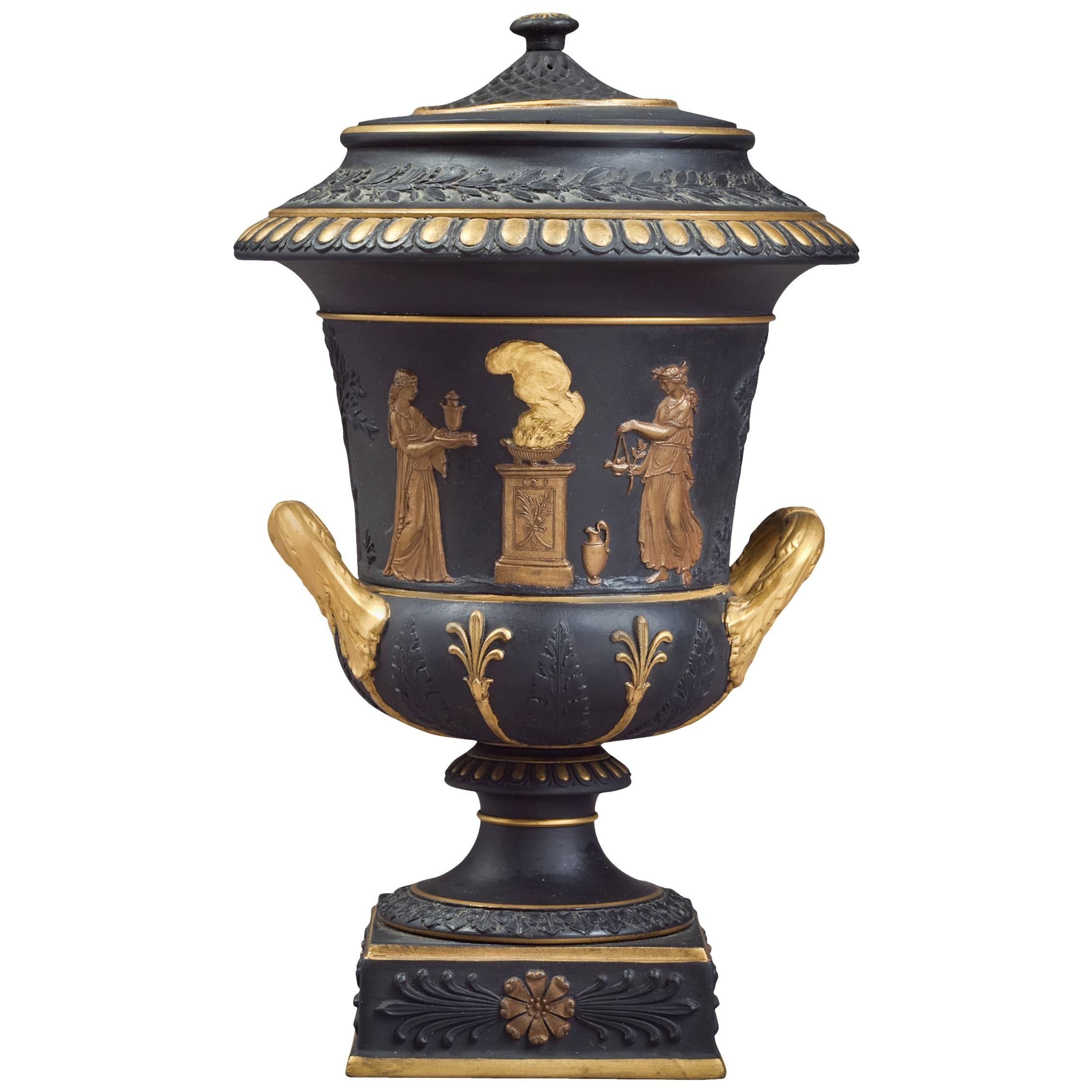 Wedgwood Black and Gilt Basalt Covered Potpourri Vase, circa 1870