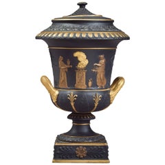 Antique Wedgwood Black and Gilt Basalt Covered Potpourri Vase, circa 1870