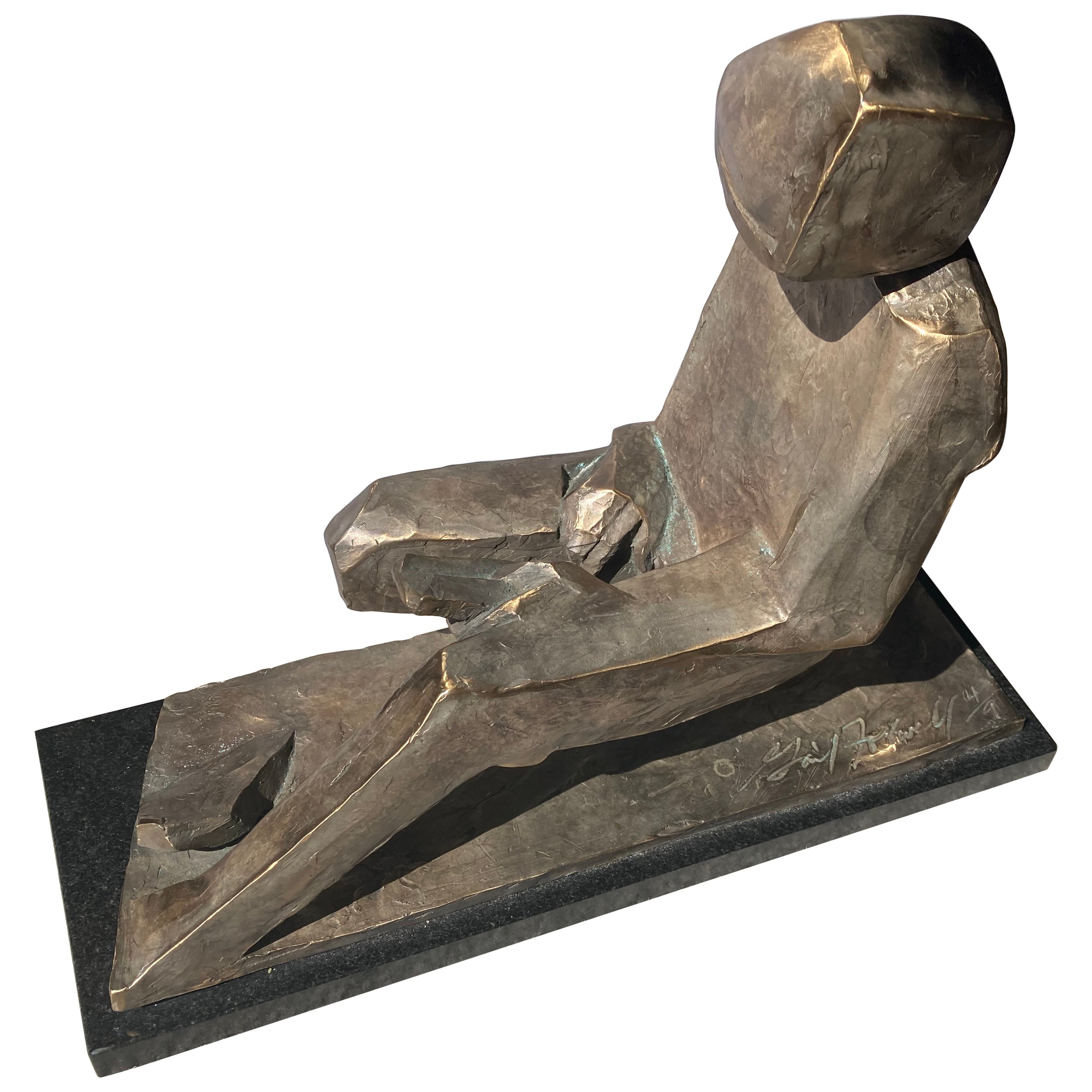 Gail Folwell Abstract Bronze Sculpture, Signed, Numbered, "Hunched Man"