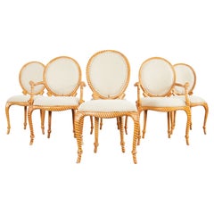 Vintage Set of Six Napoleon III Style Faux Rope Cerused Dining Chairs