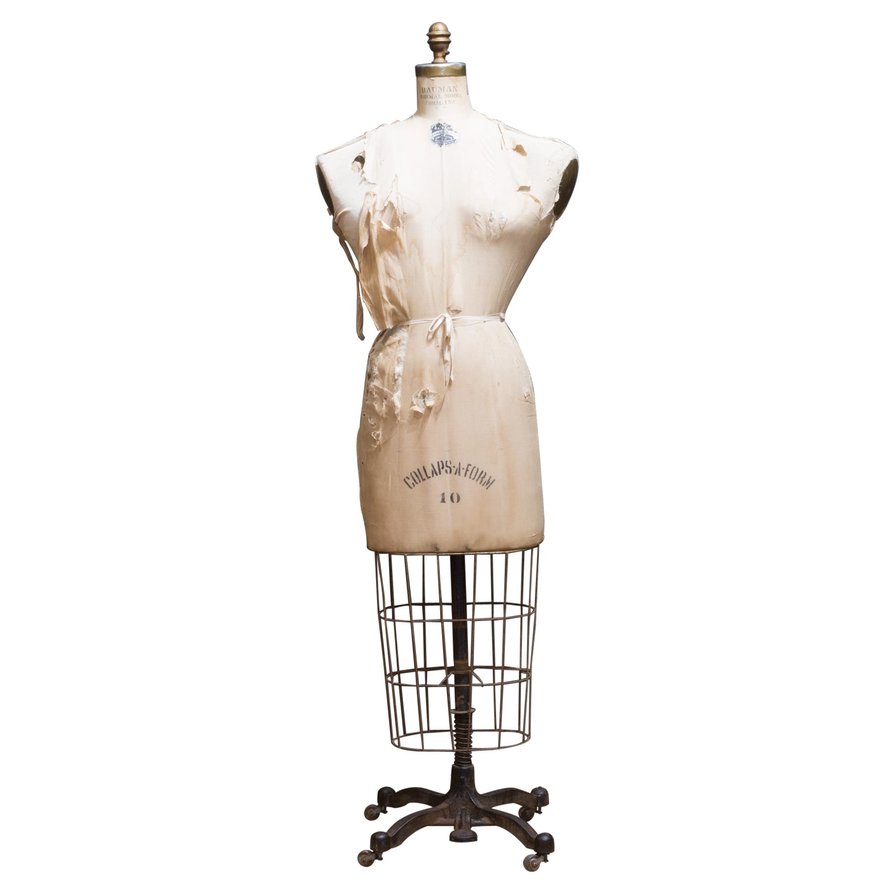 Distressed Bauman Dress Form Mannequin with Cast Iron Base, c.1940