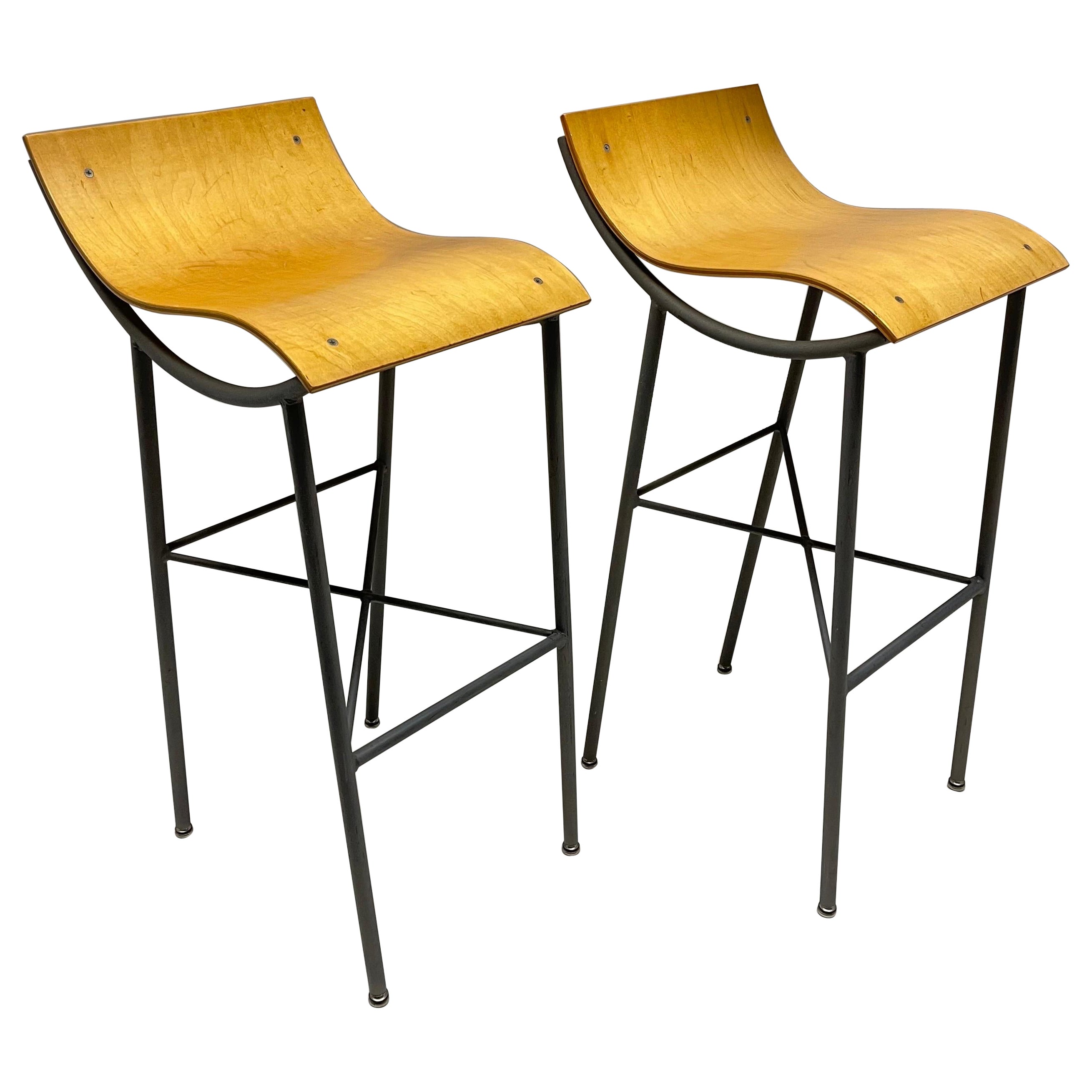 Pair of Post Modern Sculptural Steel and Bent Plywood Bar Stools, circa 1980s For Sale