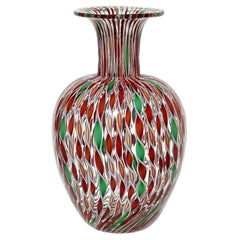 Murano Red Green White Orange Twisting Ribbons Italian Art Glass Flower Vase