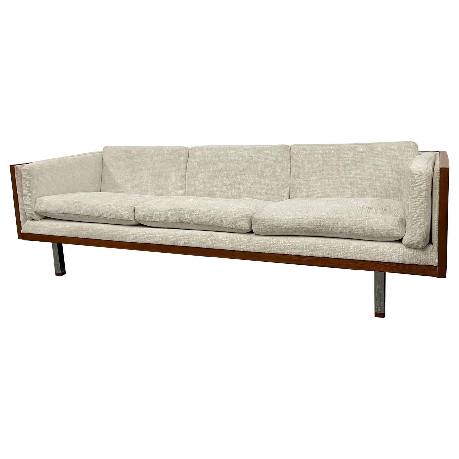 Mid-Century Modern Milo Baughman Style Sofa, Couch, Walnut, Chrome, American