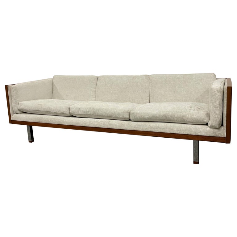 Mid-Century Modern Milo Baughman Style Sofa, Couch, Walnut, Chrome, American For Sale