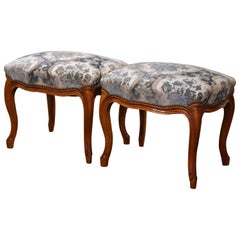 Pair of Mid-Century French Louis XV Carved Walnut and Velvet Stools