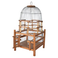 Rustic Antique French Wood and Metal Pagoda Domed Birdcage, 1900s