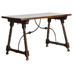 Spanish Baroque Turned Walnut & Iron Center Table or Writing Table, 17thc