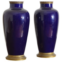 Pair of French Cobalt Blue Glass Vases with Gilt Bronze Detail, Early 20th Cen