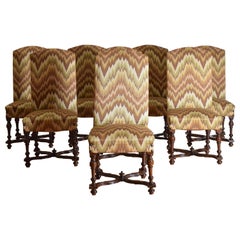 Set of 8 Italian Baroque Style Turned Walnut & Upholstered Dining Chairs, 19thC