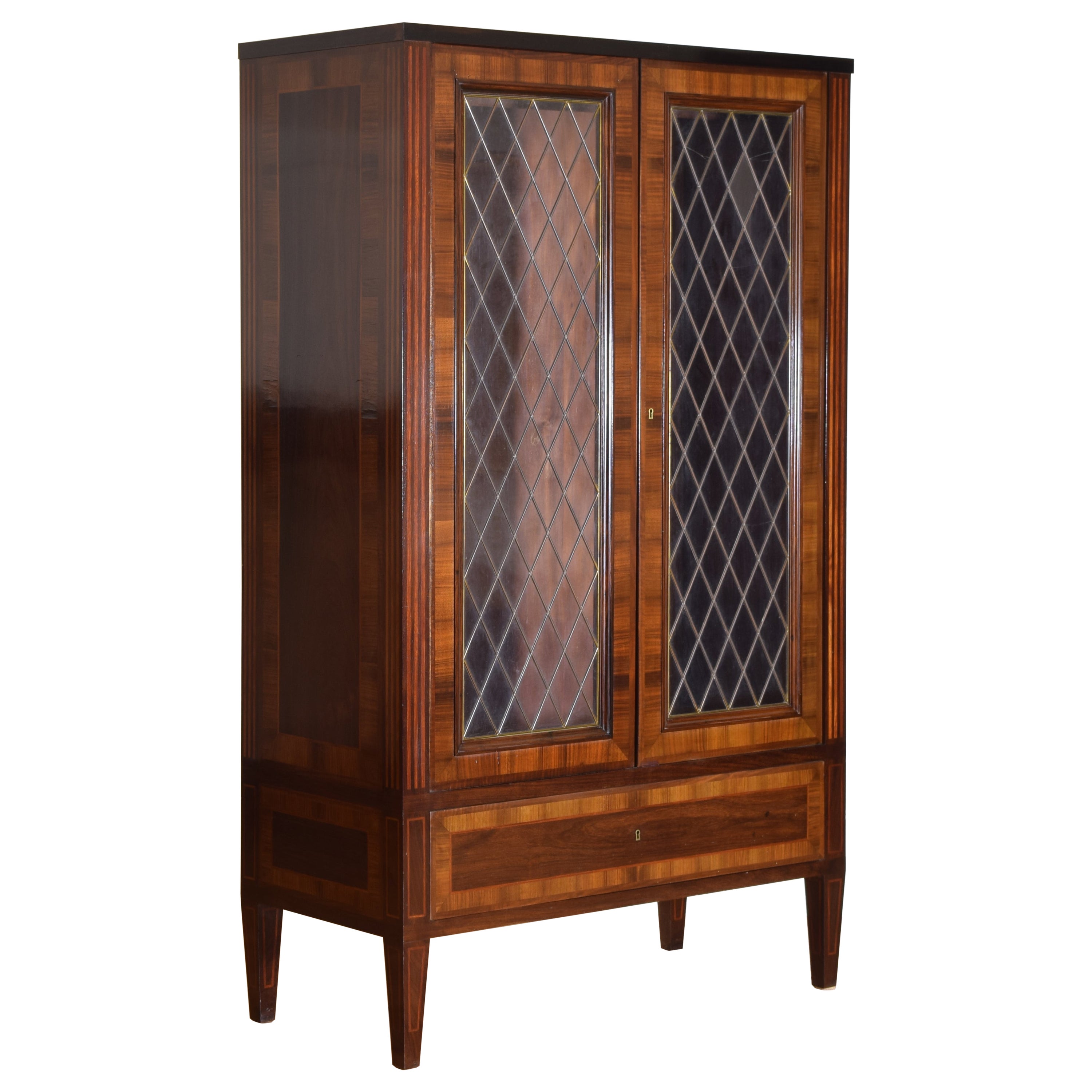 Italian Neoclassic Style Walnut & Inlaid Glass Door Armoire, Mid 20th Century For Sale