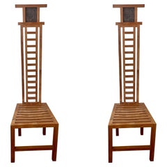 Pair of Solid Teak Tall Back Rare Chairs with Egyptian Motif
