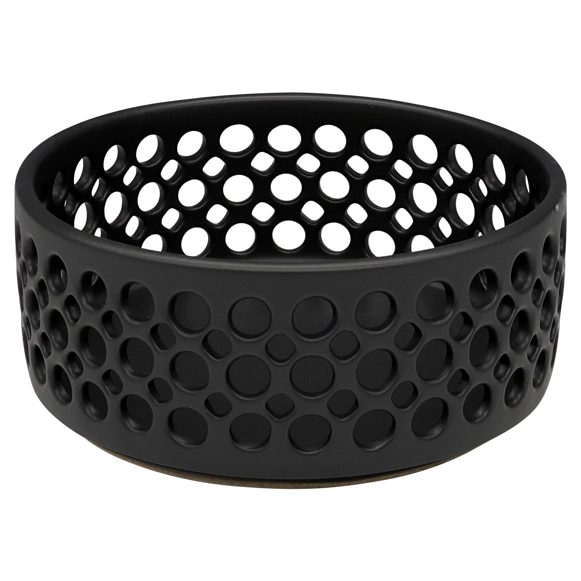  Black Satin Pierced Cylindrical Ceramic Bowl  For Sale