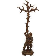 19th Century Black Forest Carved Walnut Gnome Coat Rack and Umbrella Stand 1