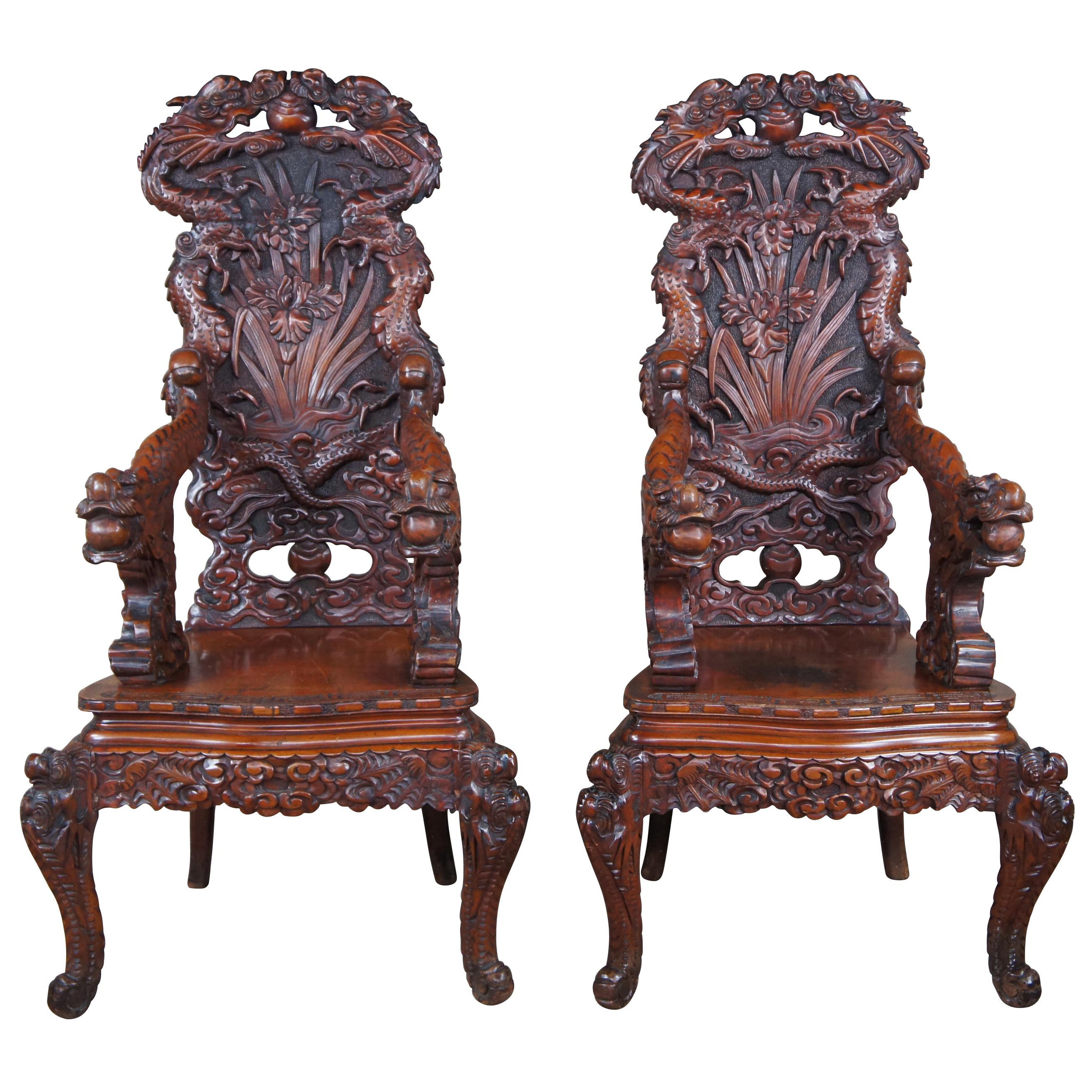 2 Antique Japanese Imperial Meiji Elm High Relief Carved Dragon Throne Armchair