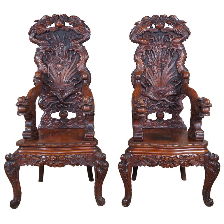 2 Antique Japanese Imperial Meiji Elm High Relief Carved Dragon Throne Armchair For Sale at