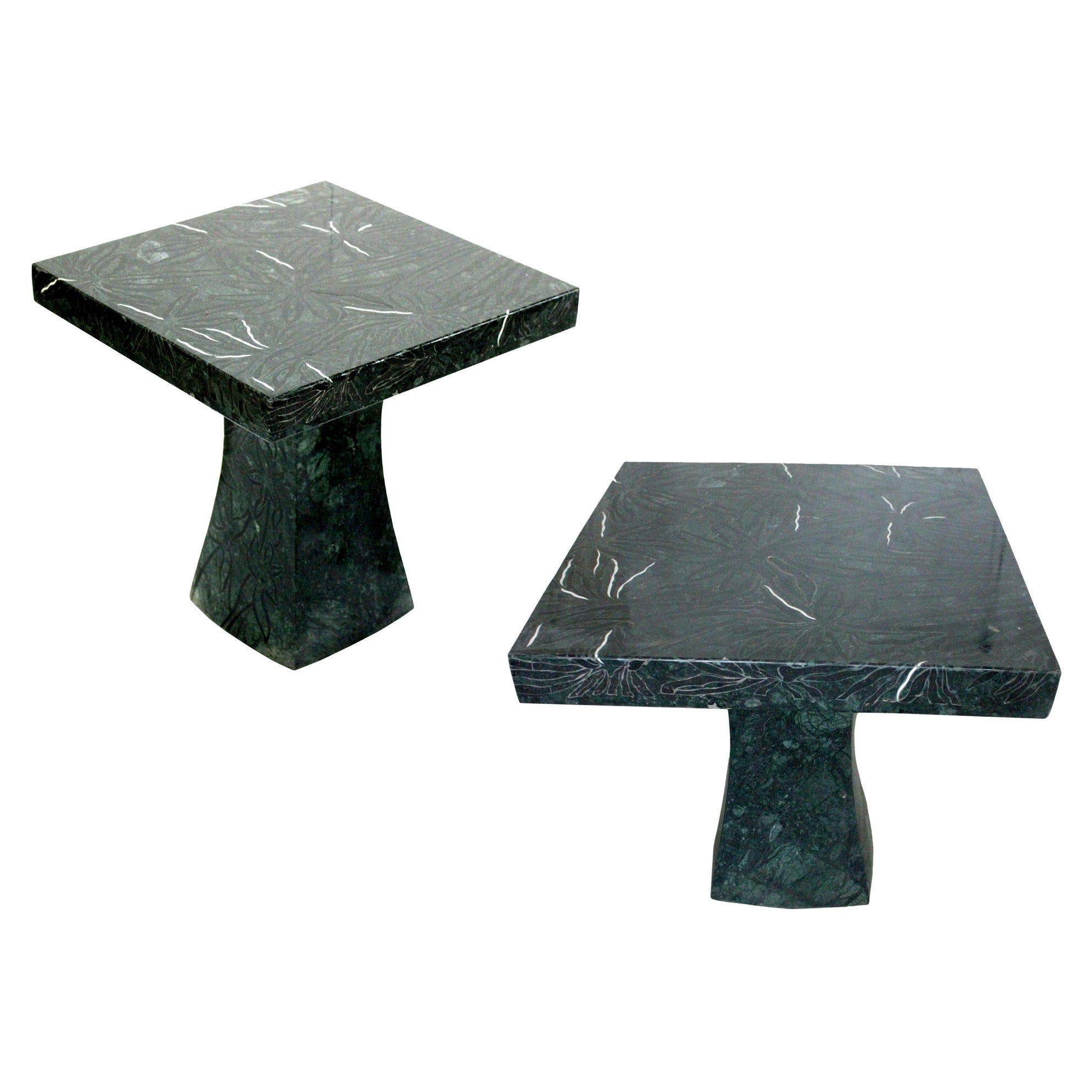 Set of Two Palms Tables in Green Marble Handcrafted in India For Sale
