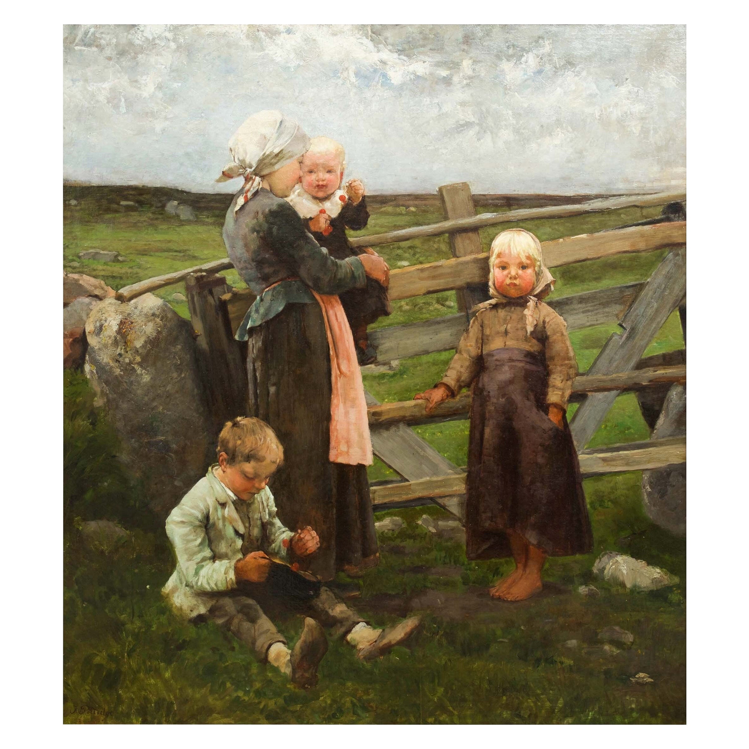 19th Century Barbizon School Painting of Mother and Children