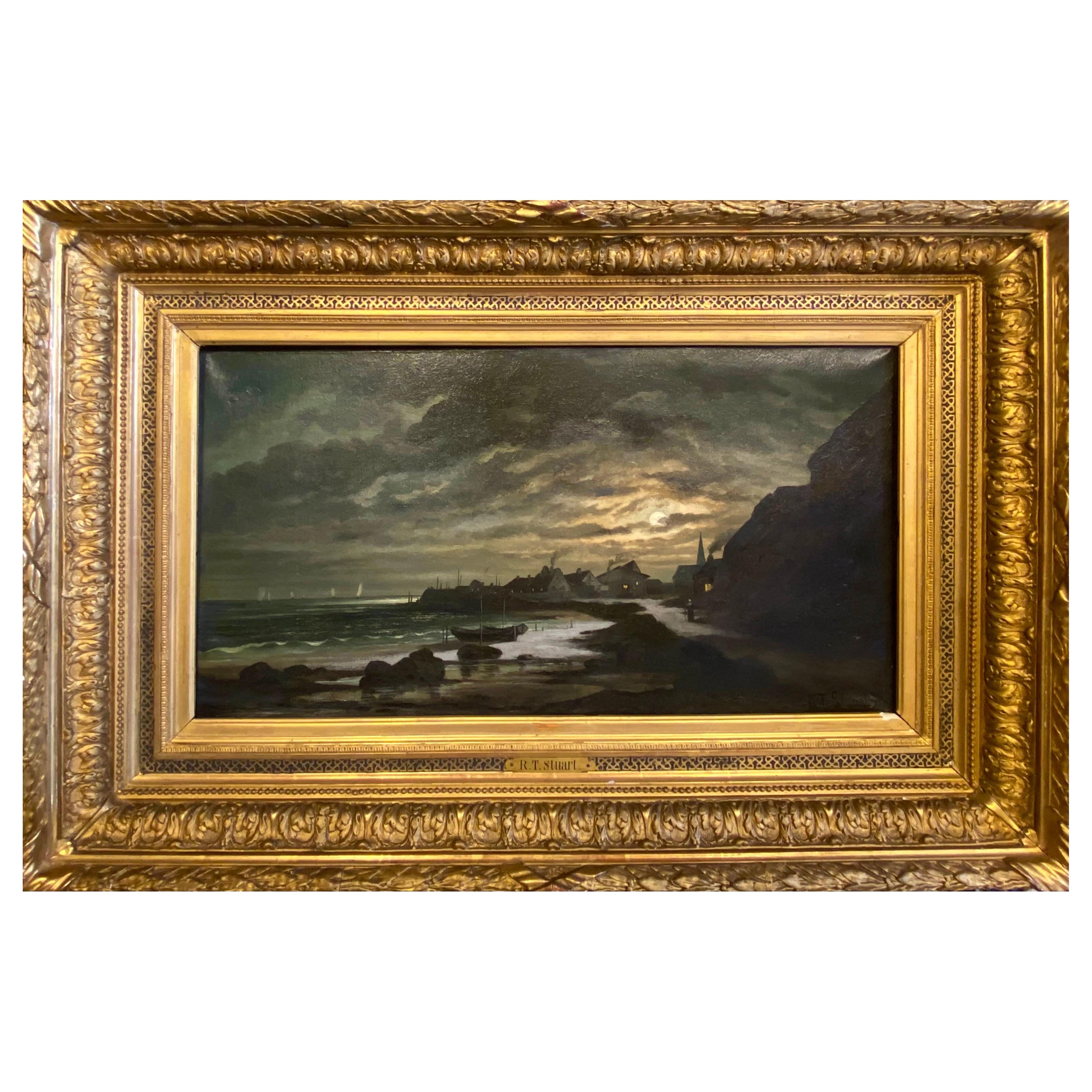 19th Century Painting "Moonlight" Oil on Canvas Signed by R. T. Stuart