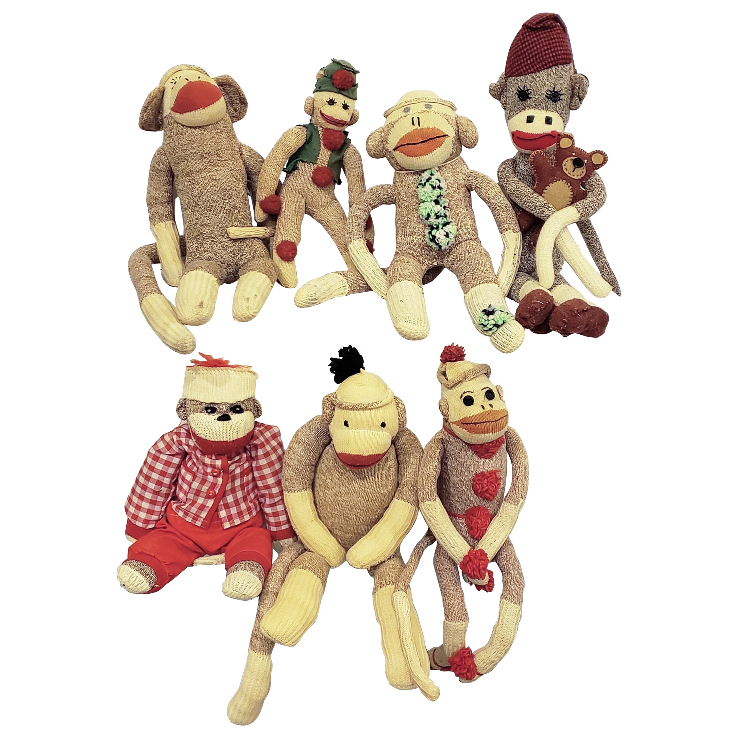 Set of Seven Vintage Sock Monkeys