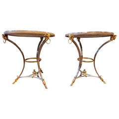Fine Pair of French Early 20th C Louis XVI Marble Top and Steel Gueridon Tables