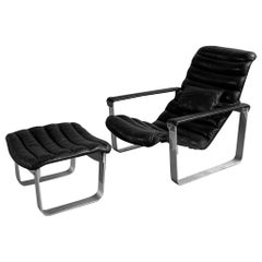 Mid-Century Modern Leather Aluminum Lounge Chair and Ottoman