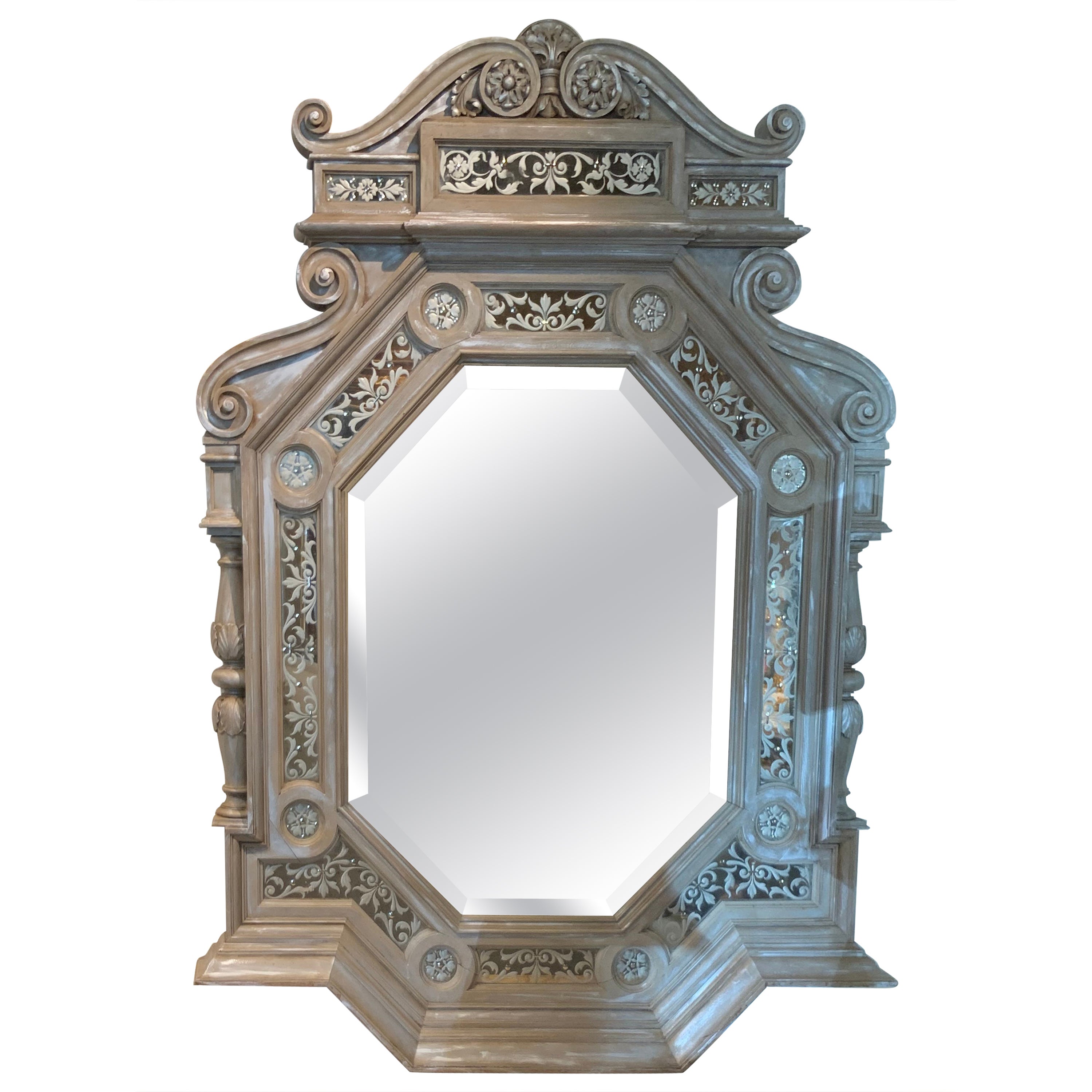 Italian Carved and Grisalle Mirror with Bevel and Scrolled Etching