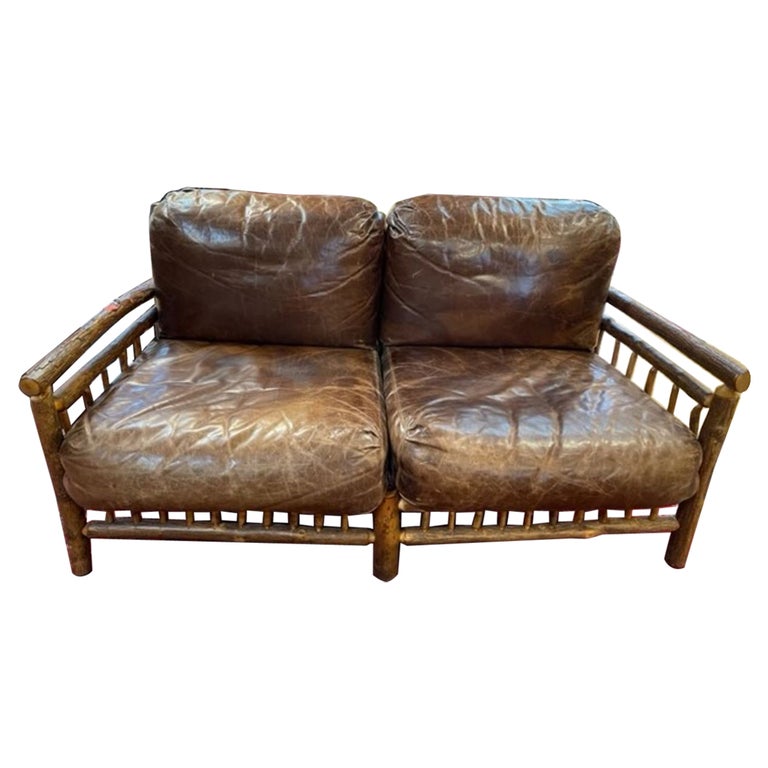 American Old Hickory Sofa with Leather Cushions For Sale