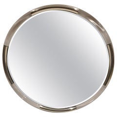Very Large Chic Round Lucite & Chrome Bevelled Mirror