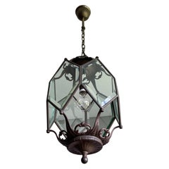 Antique Arts and Crafts Bronze, Brass and Beveled Glass Lantern / Pendant Light