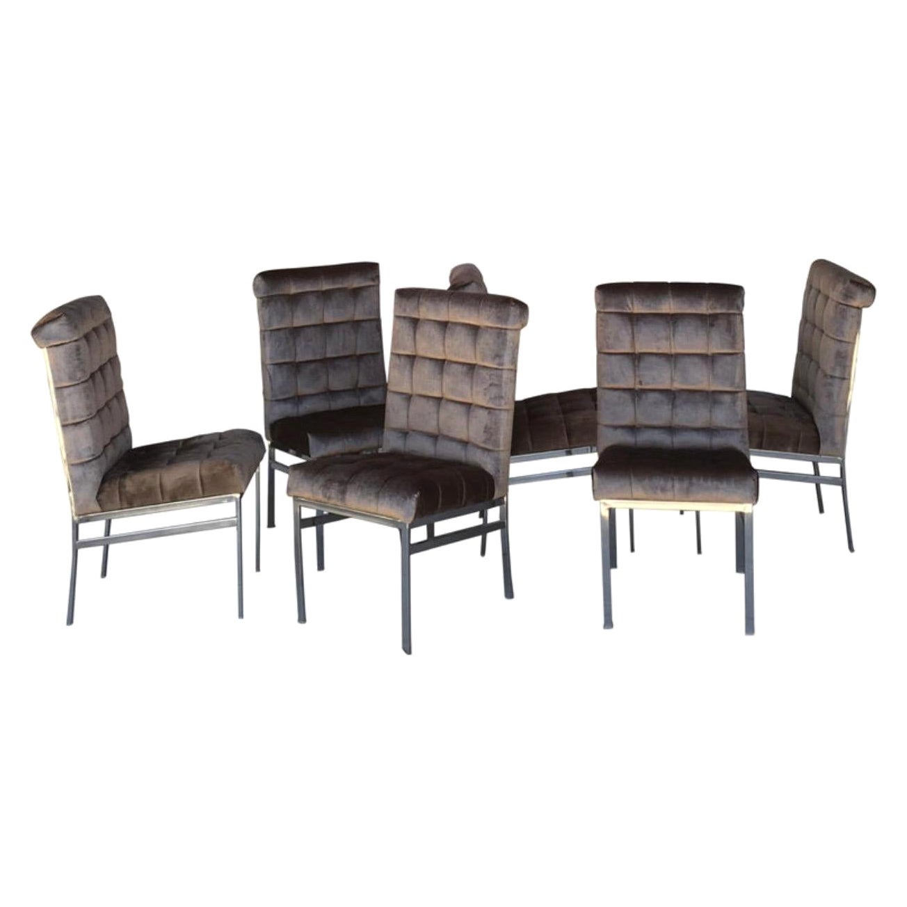 Pierre Cardin Set of 6 Chrome Dining Chairs in New Mink Color Velvet For Sale