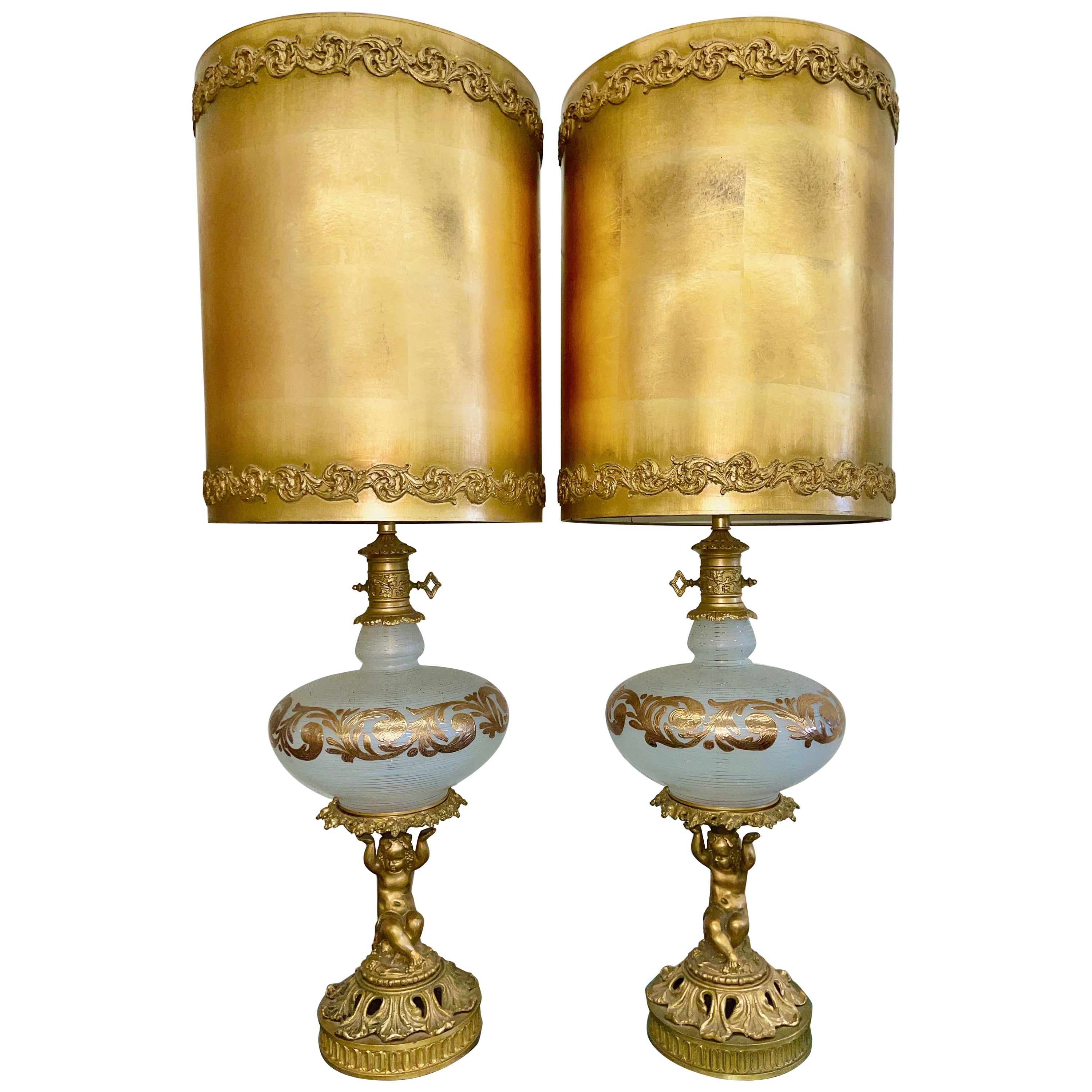 Pair of 1960's Hollywood Regency Art Glass and Gilt Metal Lamps
