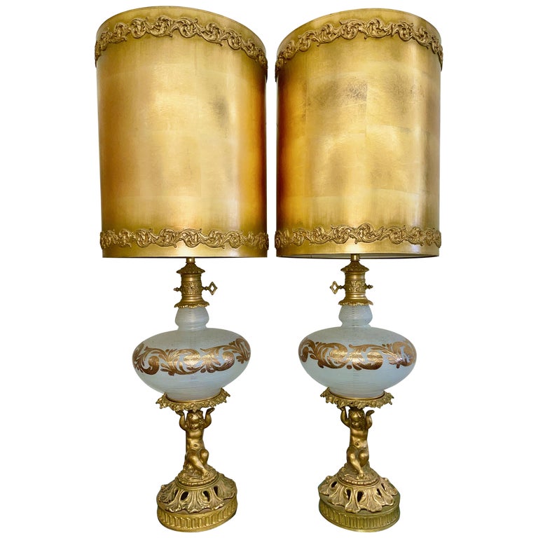 Pair of 1960's Hollywood Regency Art Glass and Gilt Metal Lamps For Sale
