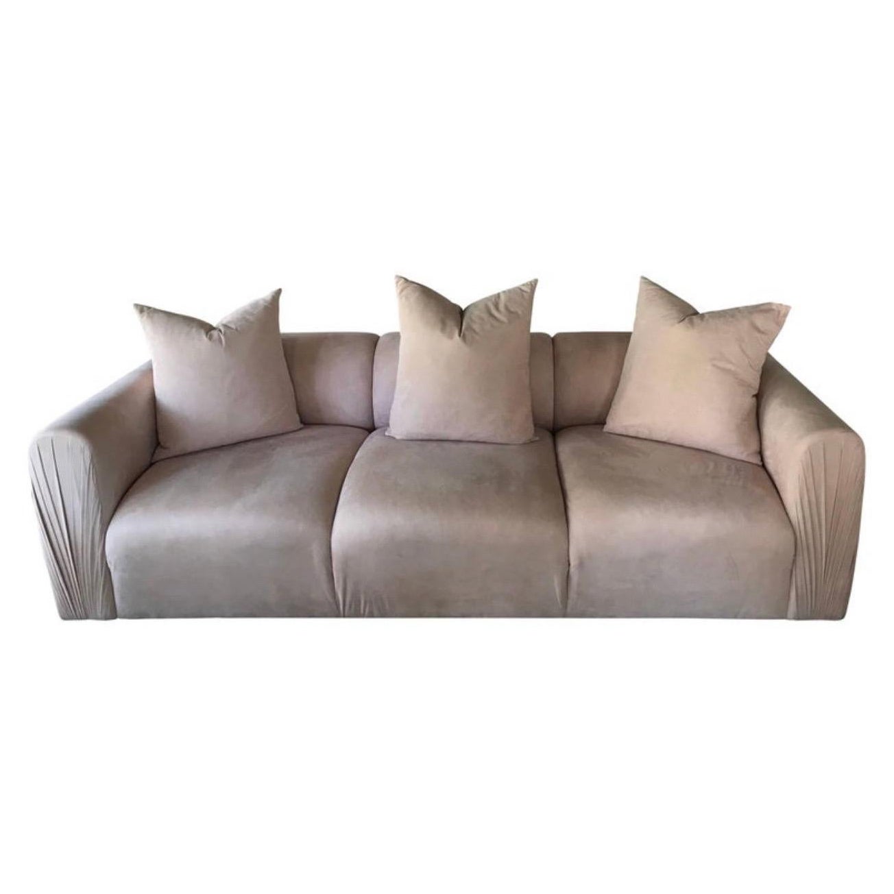 Blush Ultrasuede 1980s Ruched Arm Sofa with 3 Matching Pillows Palm Springs  For Sale