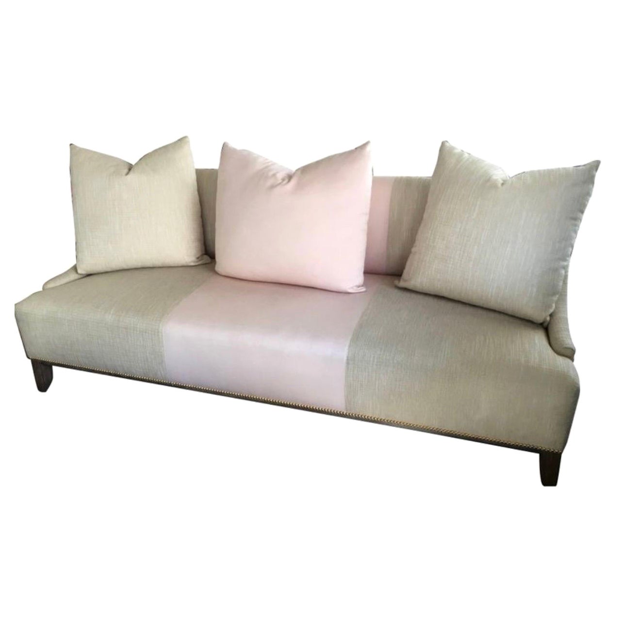 Beige Linen & Pink Fabric Custom Made “Fashionista” Sofa with Matching Pillows For Sale