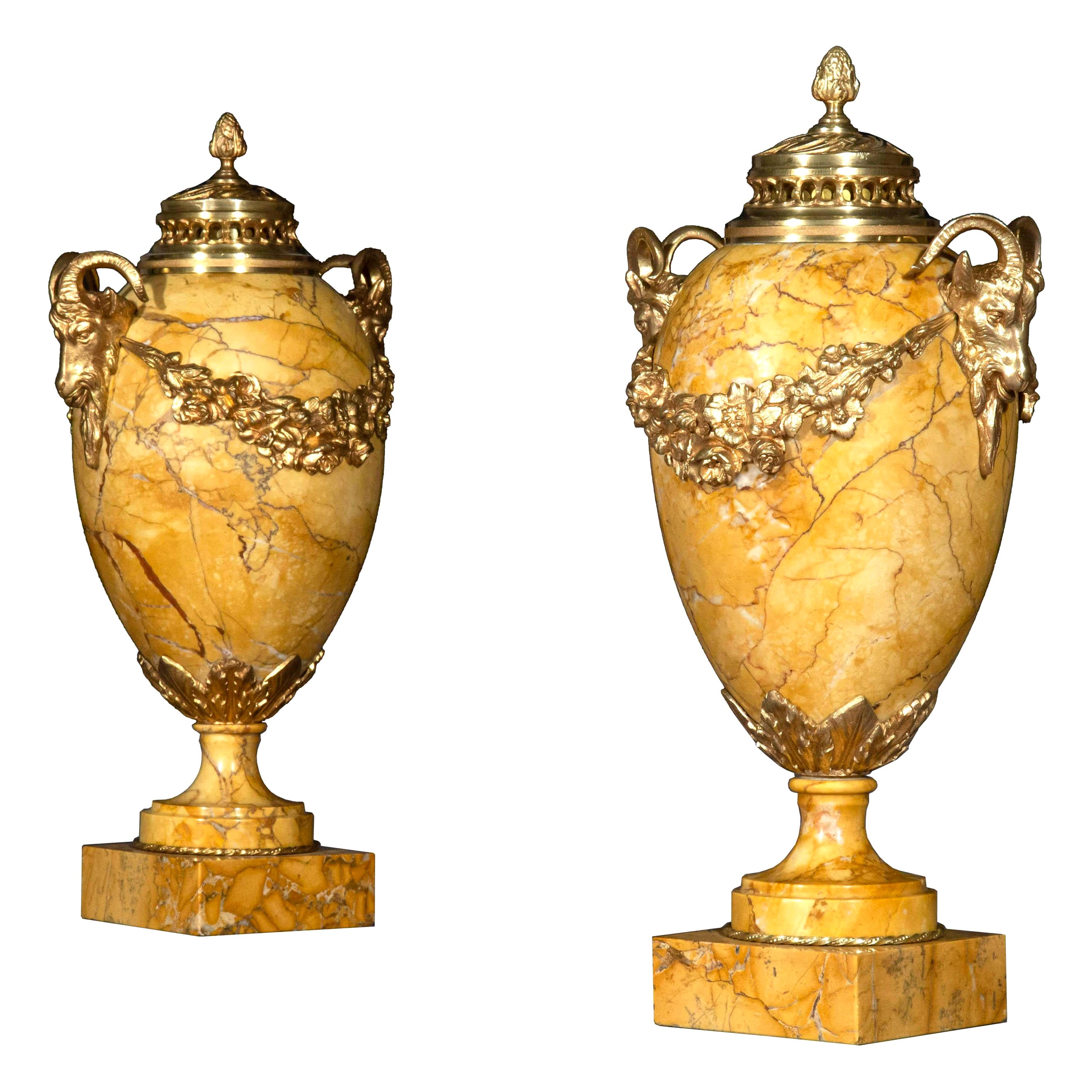 Bronze Paire d'urnes néoclassiques anciennes en marbre de Sienne avec montures en bronze doré en vente