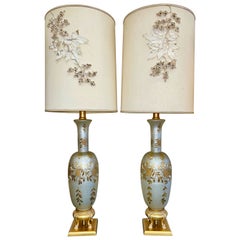 Pair Vintage Hollywood Regency Platinum & Gold Cut Bohemian Glass Lamps