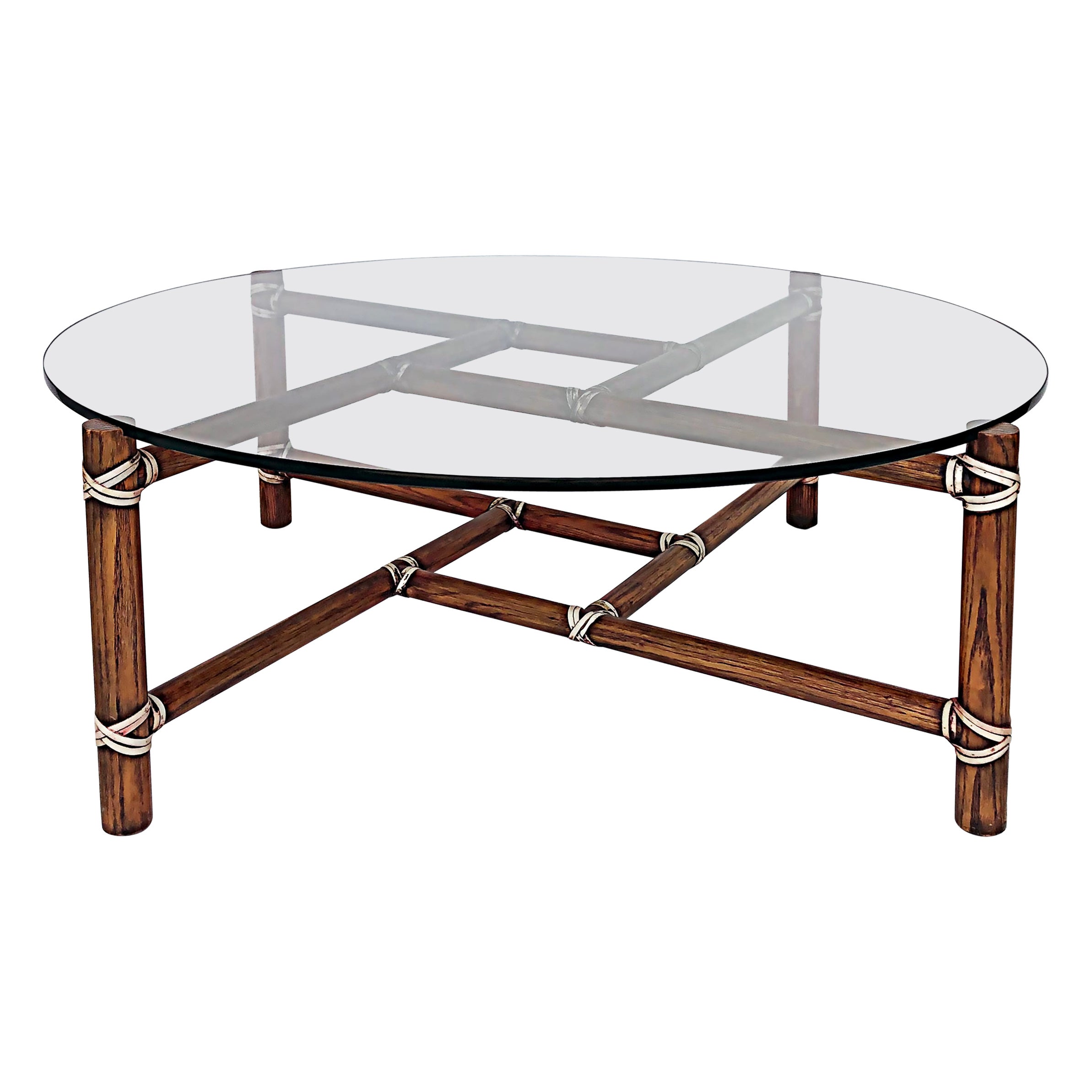 McGuire Funiture San Francisco Round Glass Top Coffee Table with Rawhide Straps For Sale